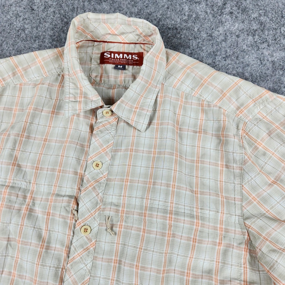 Simms Plaid Fishing Shirt Men M Tan Breathable Hiking Outdoor Zip Pockets‎ Nylon